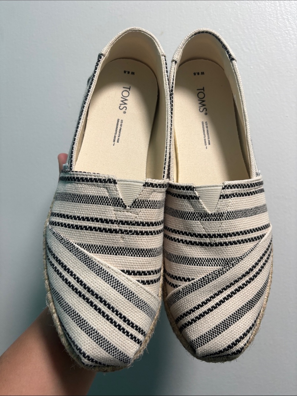 Toms Women’s Cream and Black Striped Canvas Espadrilles